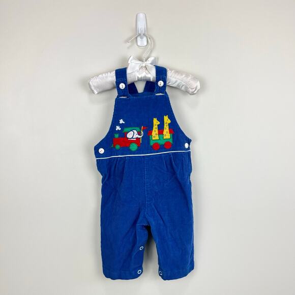 Vintage Blue Corduroy Zoo Train Overalls 6-9 Months - Picture 1 of 6